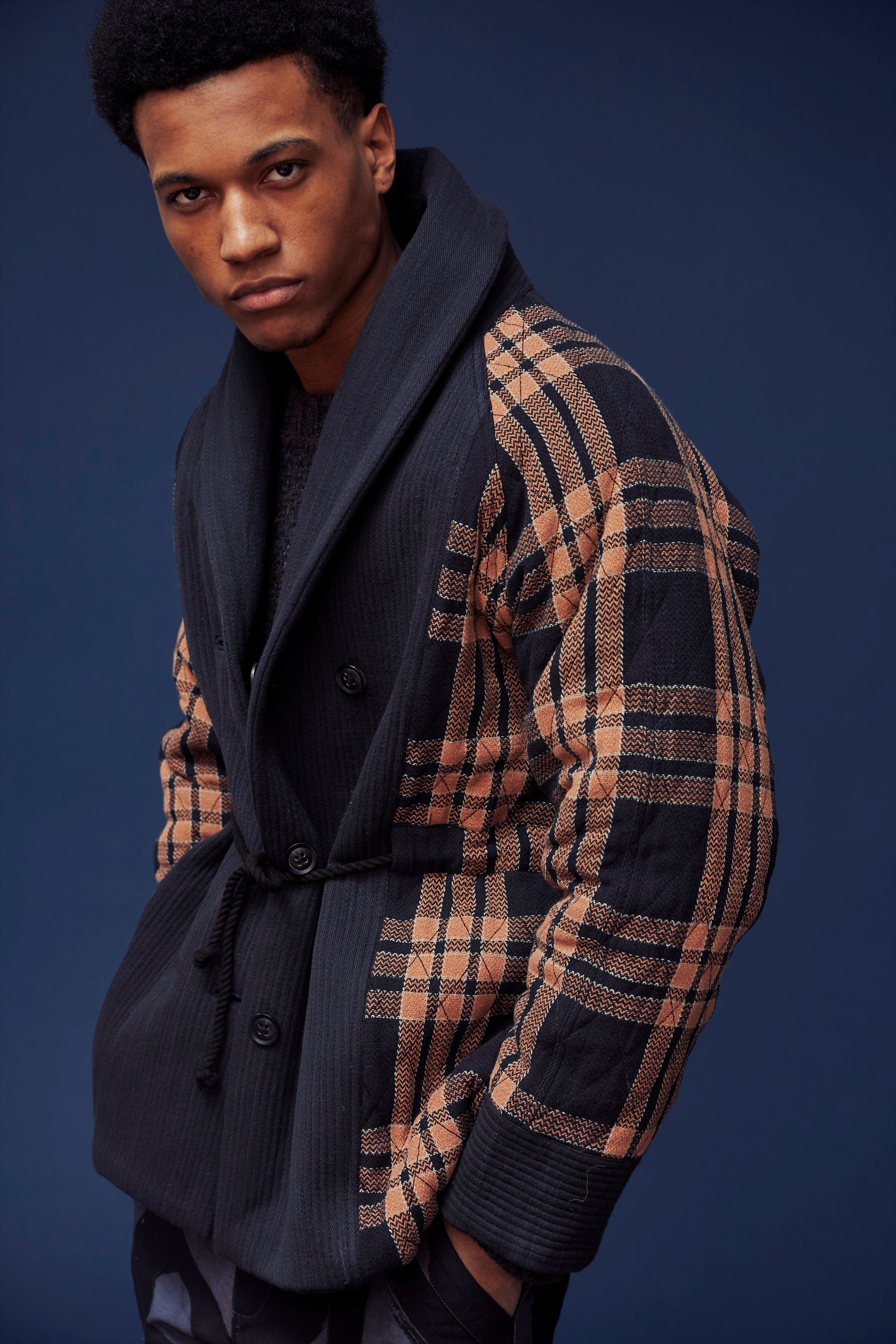 REVERSIBLE SHAWL OVERCOAT iron denim/iron catechu big plaid – INDI+ASH