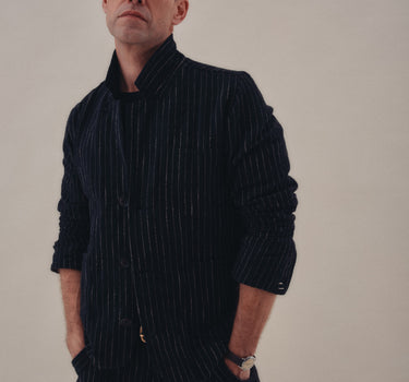 STUDY BLAZER iron black/acacia ticking stripe handwoven