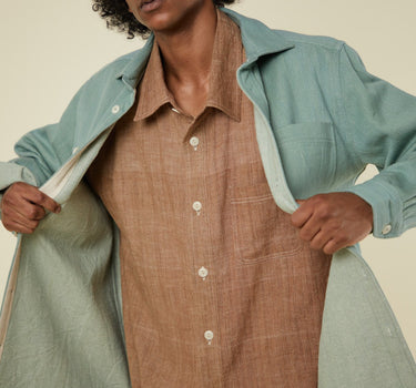 AMES WORKSHIRT seafoam indigo/pomegranate denim