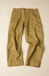 Pair of beige green pants on a light beige background