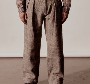 SHAKOOR PANT iron black/cutch tan handspun herringbone