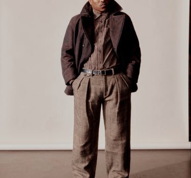 SHAKOOR PANT iron black/cutch tan handspun herringbone