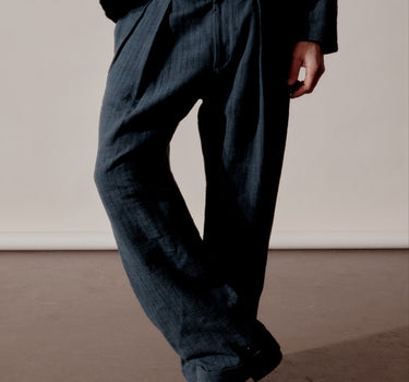 SHAKOOR PANT midnight teal/iron black ticking stripe