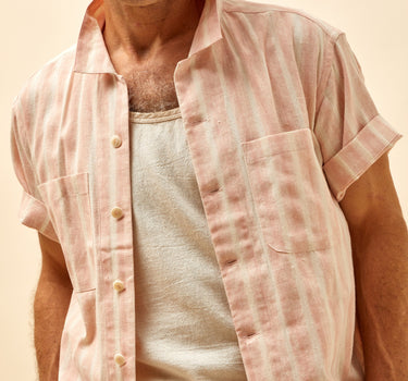 REVERSIBLE LAKE CAMP OVERSHIRT madder pink block print stripe