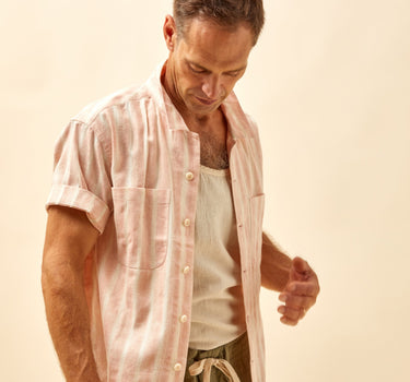 REVERSIBLE LAKE CAMP OVERSHIRT madder pink block print stripe