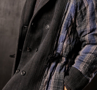 REVERSIBLE SHAWL OVERCOAT indigo/iron dark shadow plaid denim